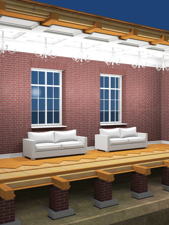 Cross section of brick house at night. 3D renderingの写真素材