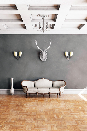 White classical style sofa in vintage room. 3D illustrationの写真素材