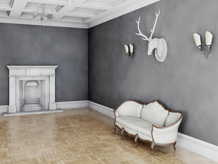 White classical style sofa in vintage room. 3D illustrationの写真素材