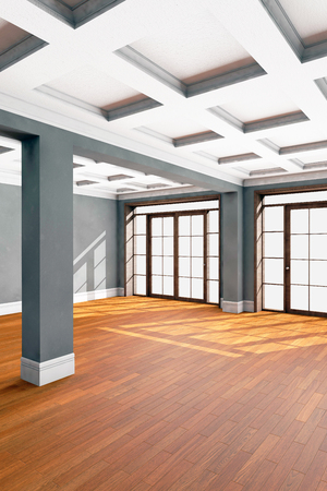 Empty living room interior with hardwood floor. 3D illustrationの写真素材