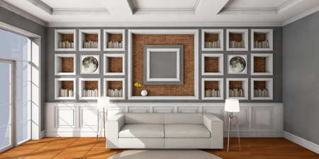 White style sofa in vintage room. 3D illustration