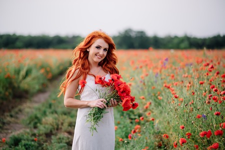 beautiful young woman in poppy field holding a bouquet of poppies, summerの写真素材