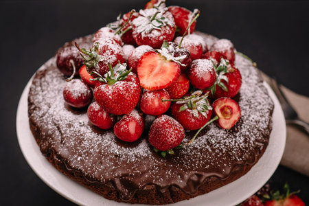 Tuscan chocolate cake with strawberries and cherries on dark background