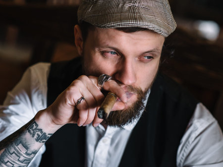 A young bearded man smoking a cigar in a pub