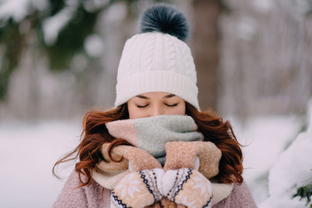 woman with eyes closed covers her face from cold