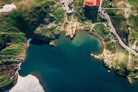 Aerial view Lake Balea on Transfagaras pass in Carpathian mountains Romaniaの写真素材
