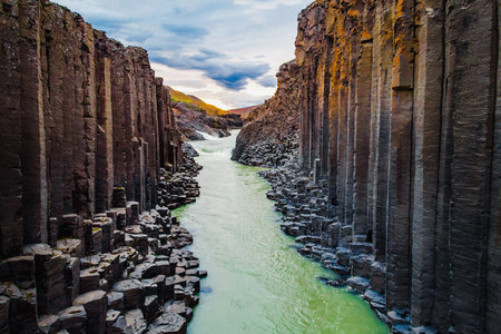 Aerial view of Studlagil Canyon, Jokulsa A Bru river in Iceland