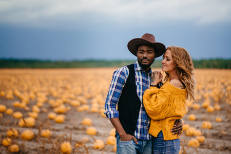 Portrait of a happy young couple of farmers on the background of a pumpkin crop.