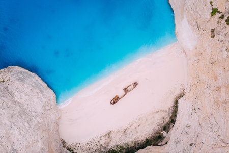 Navagio Bay Shipwreck Beach without people, top down view, Greece, Zakynthos