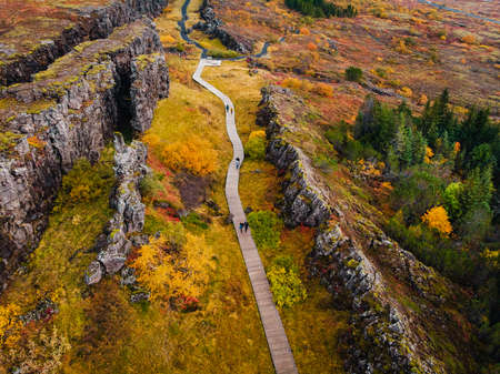 Aerial view of canyon in national park Thingvellir, Iceland, autumn landscapeの写真素材