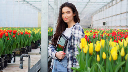 Young smiling female florist is standing with a tablet in her hands in a greenhouse. Close-up.