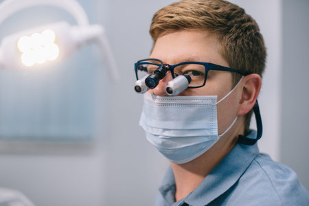 The dentist works with binocular glasses. A male doctor in a mask and glasses looks at the camera. Close-up portrait.の写真素材