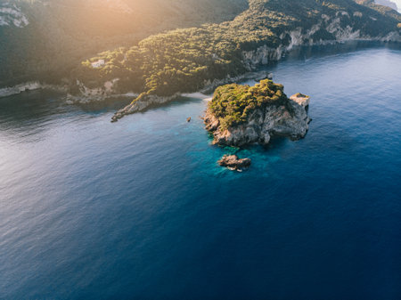 Aerial view of Corfu island. Blue lagoon is flooded with sunlight.の写真素材
