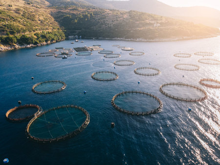 Fish farm in sea bay, aerial view. Round underwater cages. Corfu, Greece.の写真素材