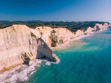 Aerial view of deserted shore. Steep coast of Corfu island, Greece.の写真素材