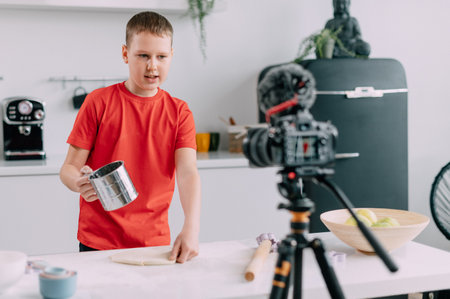 Boy recording culinary blog at home. Child blogger sifting flour for dough.の写真素材