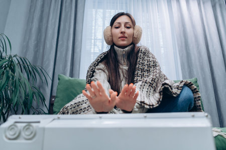 A warmly dressed young female are warming themselves near an electric radiator at home.の写真素材