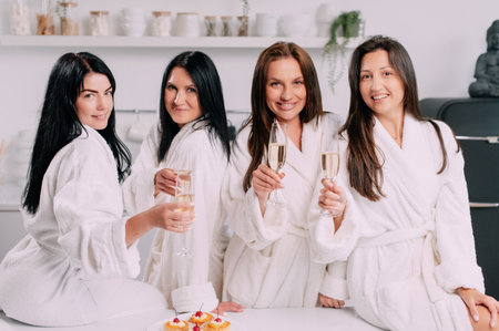 A group of women spend leisure time. Young attractive females in bathrobes drink champagne and chat merrily at home.の写真素材
