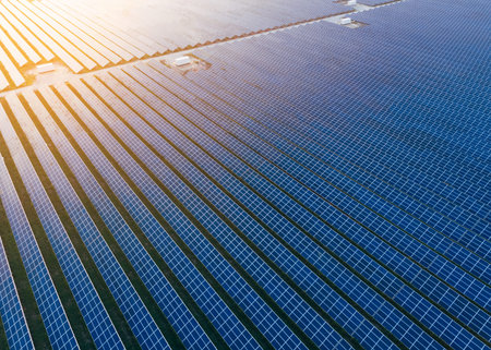 Aerial view of the many solar panels. Environmentally friendly energy.