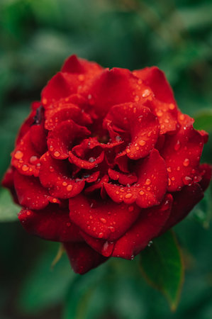 Bloomed red rose bud covered with dew drops. Close-up.の写真素材