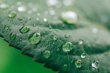 Dew drops on a green leaf, macro shot.の写真素材