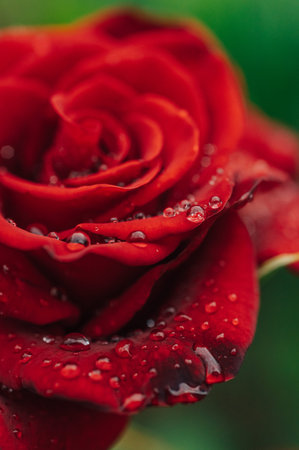 Dew drops on red rose petals, macro shot.