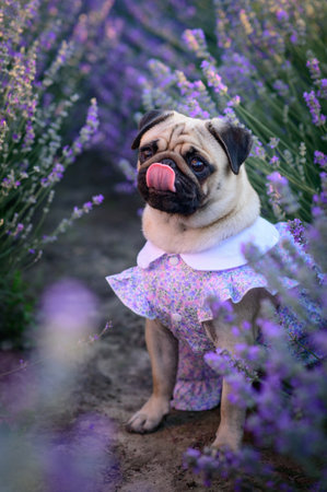 Portrait of a pug in a cute dress in a blooming lavender field. The puppy looks carefully at the camera.の写真素材