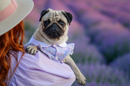 Portrait of a pug and its owner. A young red-haired woman holds her dog in her arms in a blooming lavender field, rear view. The pug looks at the camera.の写真素材