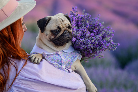 Portrait of a pug and its owner. A young red-haired woman holds her dog in her arms in a blooming lavender field, rear view.の写真素材