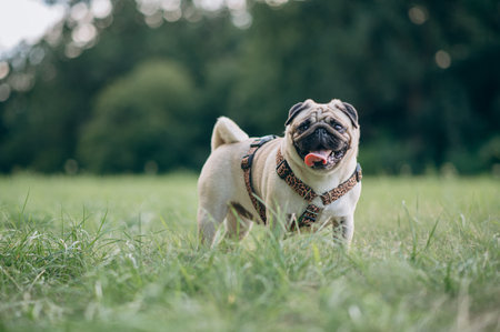 A happy pug is standing on the grass and looking at the camera.の写真素材