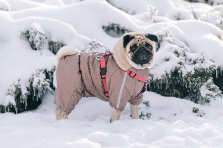 Cute pug standing in the snow in a winter park and looking at the camera. Full-length portrait.の写真素材