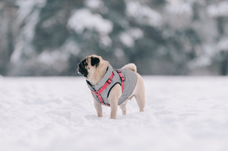 Cute pug standing in the snow in a winter park. Full-length portrait.の写真素材