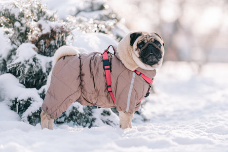 Cute pug standing in the snow in a winter park and looking at the camera. Full-length portrait.の写真素材