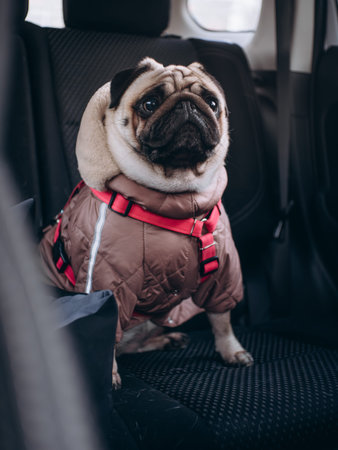 Cute pug dog wearing warm jacket and red harness sitting on back seat inside car during winter trip.の写真素材