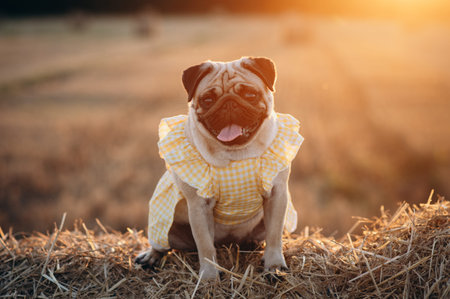 Happy pug dog wearing yellow dress sitting on hay in warm sunset light outdoors, looking at camera...