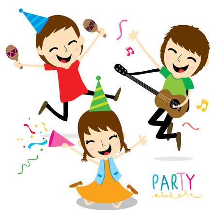 Boy and Girl Enjoy Party Cute Cartoon Vectorのイラスト素材