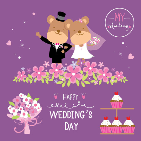 Bear Couple Wedding Flower Sweet cute cartoon Vectorのイラスト素材