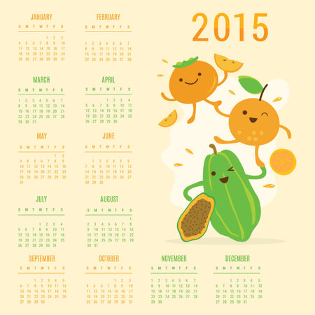 Calendar 2015 Fruit Cute Cartoon Papaya Orange Persimmon Vectorのイラスト素材