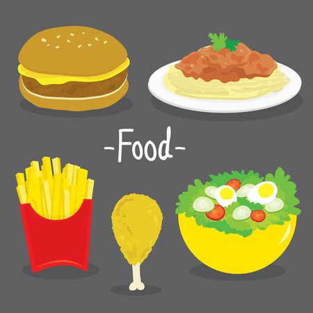 Hamburger French Fries Chicken Spaghetti tomato Salad Food cartoon vectorのイラスト素材