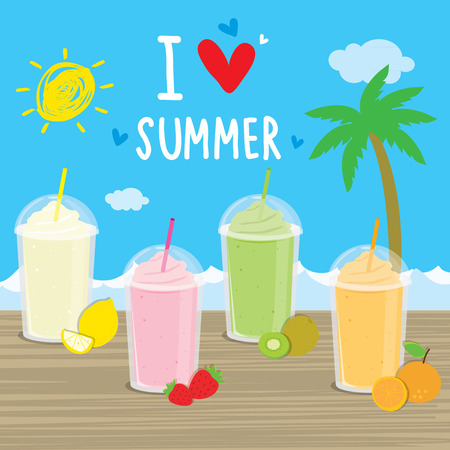 Summer sea beach cartoon cocktails fruit juice holiday vacation vectorのイラスト素材