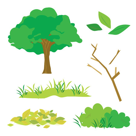 Tree Leaves Grass Bush Branch Flora Cartoon Vectorのイラスト素材