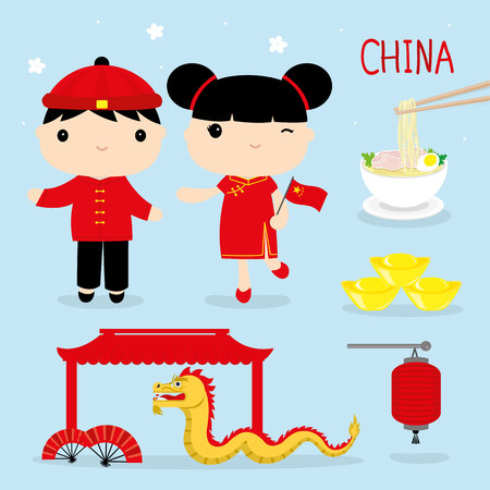 China Tradition Food Place Travel Asia Mascot Boy and Girl Cartoon Vectorのイラスト素材