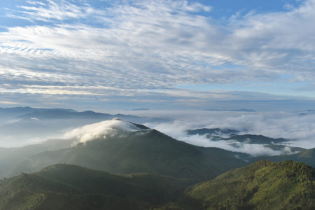 Mountain Landscape with Fog, Cloud and Forest. Sunrise and Sunset in mountains. Image