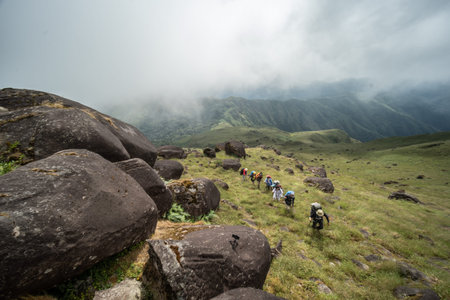 Hiking in mountains with backpacks, Thailand