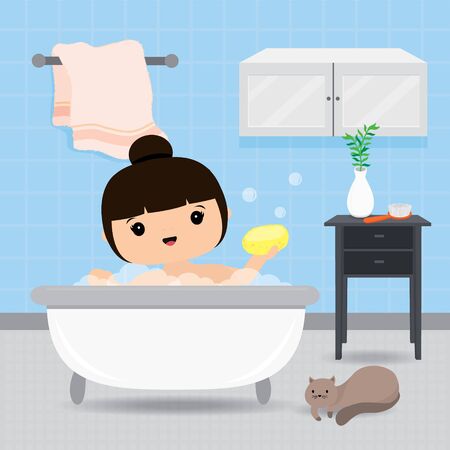 Quarantine, stay at home concept. Working from home, Woman take a shower in bathtub, Routine activity in the morning. Character Cartoon Vector illustrationのイラスト素材