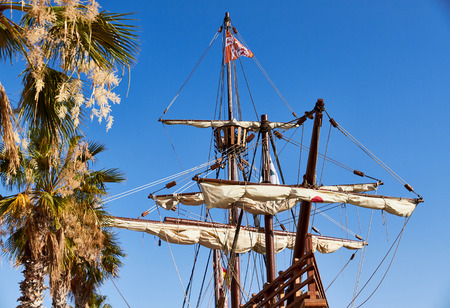 Prow of a replica of the Nao de Santa Maria vessel dockedの写真素材