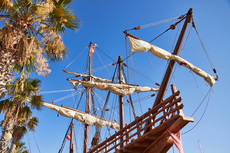 Prow of a replica of the Nao de Santa Maria vessel dockedの写真素材