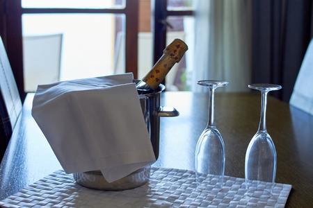 champagne bottle and two glassesの写真素材