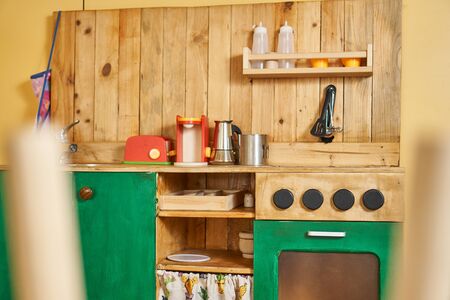 wooden kitchen toy playset play cookingの写真素材