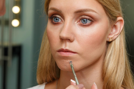 The process of creating makeup. Makeup artist working with a brush on the face of the model.